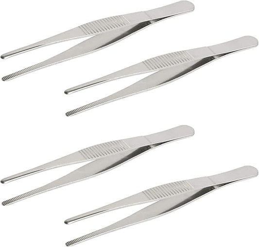 Aoje-Link Stainless Steel Straight Blunt Tweezers, horizontal serrated tips, used for repairs, barbecues, auxiliary tools, silver, 4pcs