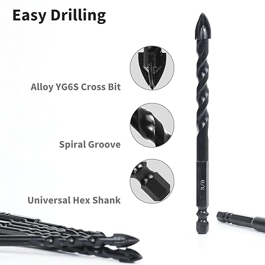 HPHOPE 10Pcs Masonry Drill Bits Set - Concrete Drill Bit Set for Tile, Brick, Glass, Plastic and Wood, Tungsten Carbide Tip Work with Ceramic Tile, Wall Mirror, Paver on Concrete or Brick Wall
