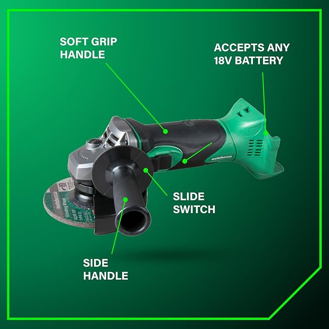 Metabo HPT 18V MultiVolt 4-1/2 Inch Slide Switch Power Angle Grinder Kit, High Torque Motor Power Tool with Battery Charge Indicator, Soft Grip Handle, Safety Features, G18DSL2Q4