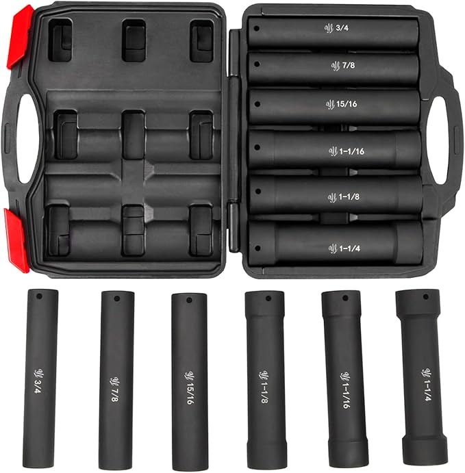 1/2 Inch Drive Extra Deep Long Socket Set, 6PCS Extended Length Impact Socket Set Contains Sizes 3/4", 7/8", 15/16", 1-1/16", 1-1/8", 1-1/4", Specifically Designed for High Torque Applications