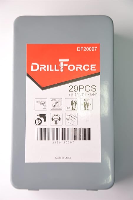 DRILLFROCE 29pcs HSS Jobber Length Titanium Coated Twist Drill Bits Set 1/16"-1/2" in Metal Case