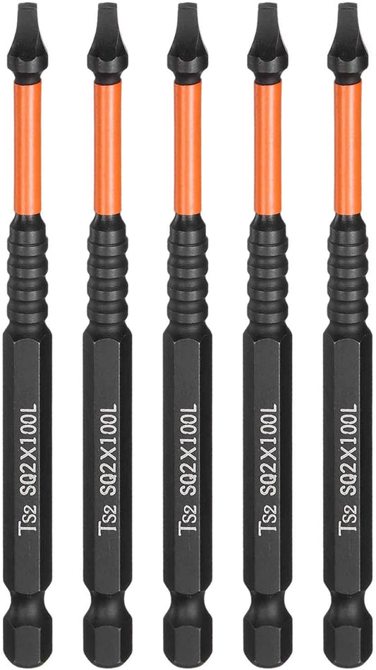 HARFINGTON 5pcs Square Head Screwdriver Bits 1/4" Hex Shank SQ2 Magnetic Head 4" Length S2 Steel Screw Driver Drill Bit for Repair Work Electric Screw Driver