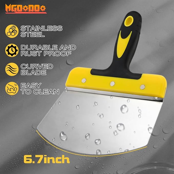 Mgoodoo 2PCS Stainless Steel Bucket Scoop,6.7 inch Curved Contoured Blade Putty Knife for Drywall & Plaster,Rustproof Scraper Tools with Soft-Grip Handle for Clean Paint,Mortar,Putty,etc(Yellow)