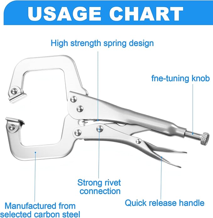 3 Pcs Locking C Clamp Set, 3 Different Sizes Silver Locking Pliers (6 Inch, 9 Inch, 11 Inch) Metal Tools Welding Clamps for Home Farm