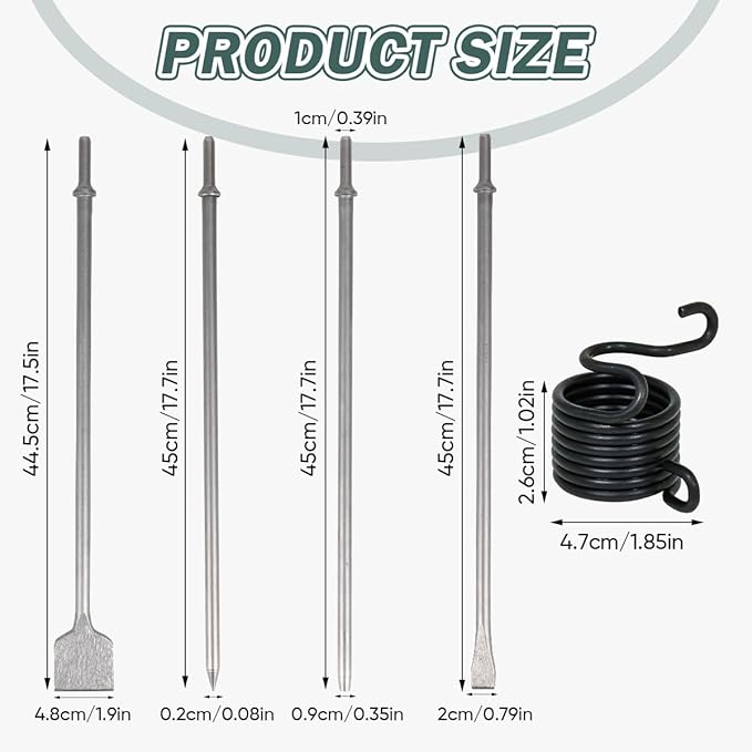 4Pcs Air Hammer Chisel Bits, 17.7 Inch Long Air Flat Chisels, Pneumatic Cold Chisel and Taper Punch, 2 Inch Wide Air Scraper Hammer Attachments for Concrete and Tile (17.7 Inch)