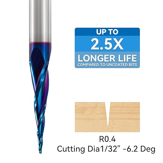 2 PCS CNC Router Bits 1/4 inch Shank Spiral Tapered Ball Nose 2D & 3D Carving Bit 6.2 Deg Tapered Angle Ball End Mill 3" OVL for Wood Carving Engraving Detail Profile