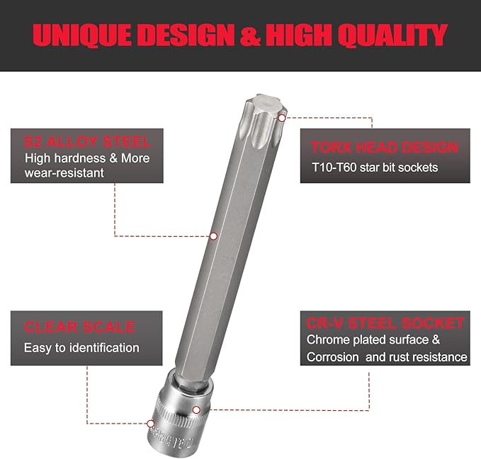 3/8" Drive Extra Long Torx Bit Socket Set,15-Piece T10-T60 Star Bit Socket Set S2 Alloy Steel Torx Bit 4.6" Length