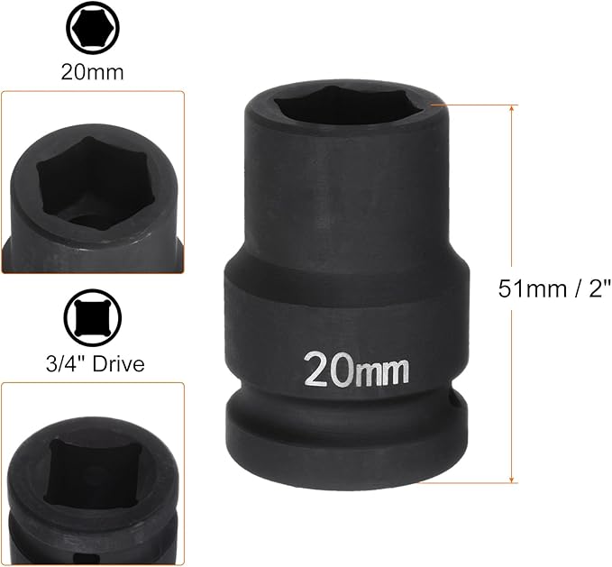 HARFINGTON 6-Point Impact Socket 3/4" Drive 20mm Metric 40Cr Alloy Steel Spindle Axle Nut Impact Socket