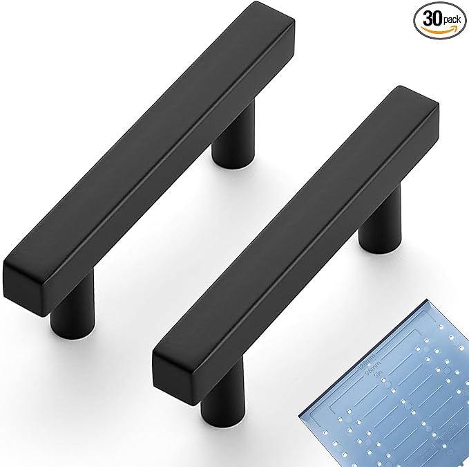 Ravinte 30 Pack 2-1/2 Inch Cabinet Pulls Black Sqaure Kitchen Cabinet Handles Black Cabinet Hardware Stainless Steel Drawer Pulls 4 Inch Overall Length with Mounting Template