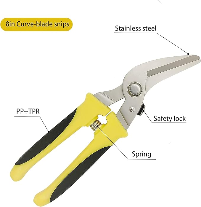 Metal Cutter 8 Inch Tin Snips Set, Stainless Steel Blade & Comfort Grips, Multifunction Cutting of Branches, Thin Iron, Cardboard etc.. (Right Hand)