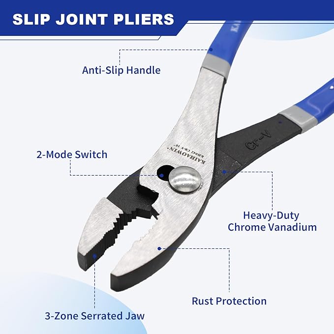 KAIHAOWIN Slip-Joint Pliers 8"& 10" Set of 2, Large Pliers Cr-V Heavy Duty Serrated Jaw with Rubber Grip Handle Plier Tool