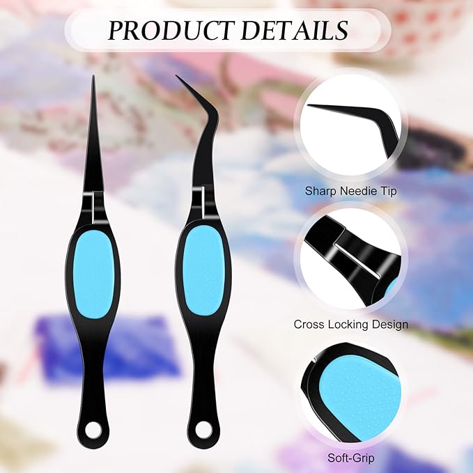 Chumia Reverse Tweezers Craft Crossing Lock Tweezers Reverse Grip Precision Curved Bent Straight Fine Tip for Craft Jewelry Beading Electronic Laboratory Work(Black and Blue)