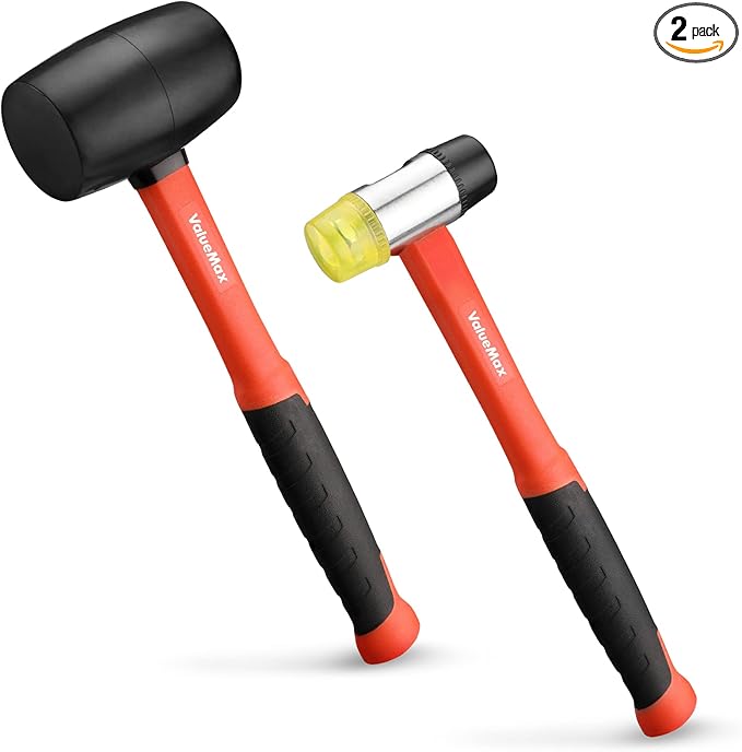 ValueMax Rubber Mallet, 16oz Rubber Mallet Hammer And 35mm Double-Faced Soft Hammer, Fiberglass Handle With TPR Grip, Solid Head, 2 Piece Black Set