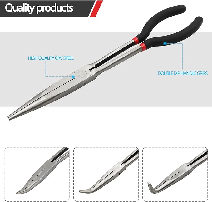 4-Piece 11" Precision Long Nose Pliers Set with Insulated Comfort Grip Handles,Straight Long Needle Nose Pliers,25/45/90 Degree Angle Curved Pliers for Wire Bending,Shaping,Trimming