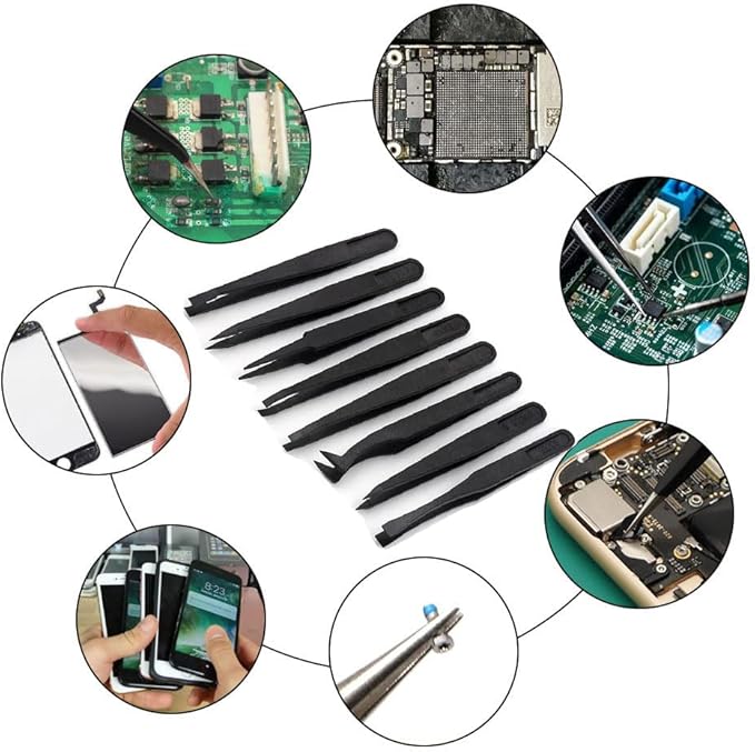40Pcs（5set） ESD Plastic Tweezers Set Precision Tweezers Set ，Non-magnetic and Anti-Static Carbon fiber Tweezer Kits，for Craft,Electronics Repair,jewelry,Laboratory Work,And Used Etc