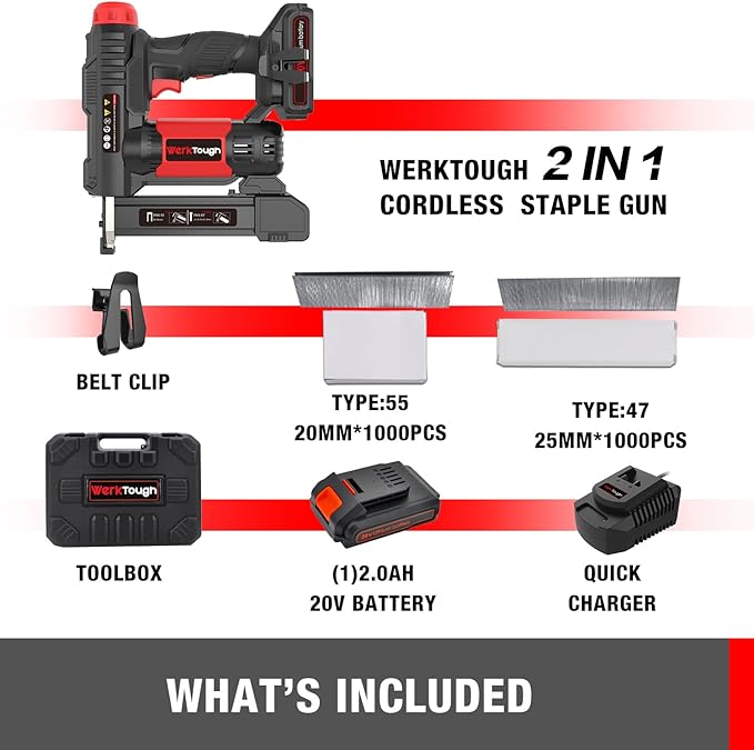 20v Cordless Staple Gun Brad Nailer 2 in 1 Aluminum Metal magzine 1 Hour Fast Charger 2000mA Lithium Battery 2000pcs Free Staples(90 4/5??000+18GA 1?쓝1000) in Tool Case