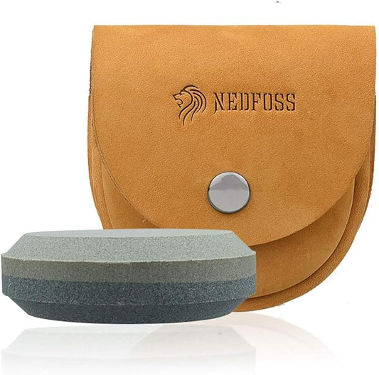 NedFoss Axe Sharpener Tool with Leather Sheath, Sharpening Puck Whetstone Hatchet & Tool Sharpening Stone, Dual Grit Multi-Purpose Sharpener (Brown)