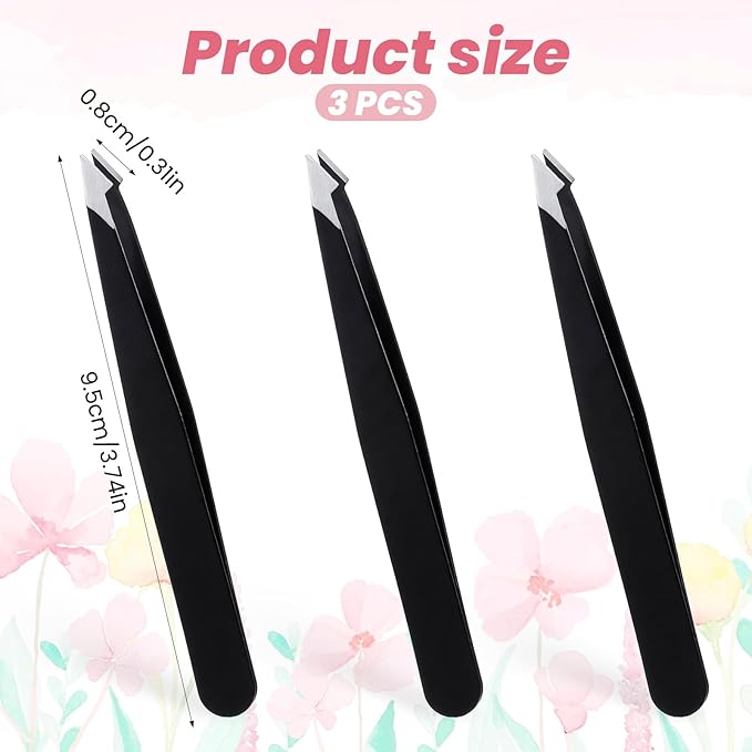 3 Pack Tweezers for Eyebrows, Stainless Steel Pointed Tip Ingrown Hair Removal Tweezers Black Slanted Angled Tweezer Set for Women Men Precision for Eyebrows Facial Ingrown Hair and Splinter Removal