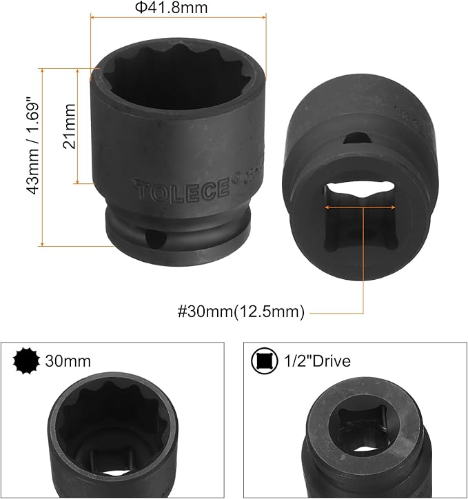 uxcell 1/2" Drive x 30mm Shallow Impact Socket 12-Point Metric CR-MO Steel Nut Impact Grade Socket for Auto Repair