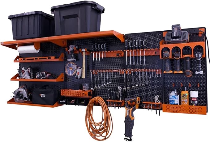 OmniWall Weekend Warrior Ultimate Tool Kit-96" x 32" Metal Pegboard Wall Storage System Black/Orange