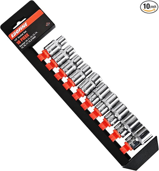 Egofine 10PCS 1/2??Drive Standard Socket Set,Shallow and Metric Socket Set竊?0mm-21mm,6 Point,With Hanging Bracket,Cr-V Steel