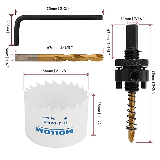 Mollom (54mm | 2-1/8") HSS M42 with 8% Cobalt BI-Metal Hole Saw with 2 Pilot Drill Bits & Arbor Smooth Cutting for PVC,Drywall,Wood,Plastic,Gypsum Board,Rubber