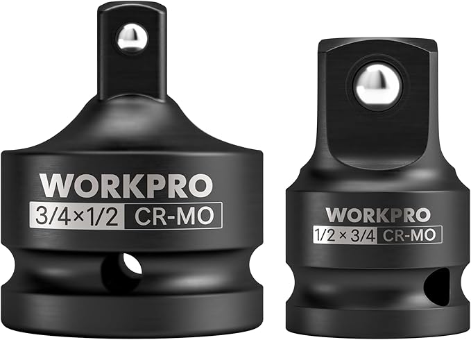 WORKPRO 2-Piece Impact Socket Adapter and Reducer Set, 3/4" F to 1/2" M & 1/2" F to 3/4" M Drive Socket Adapter Set, Cr-Mo Steel, Square Drive Adapter for Impact Driver Conversions