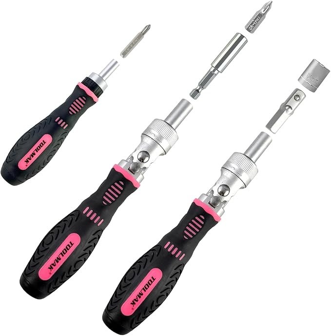 Ratcheting Screwdriver Set 61pcs Socket Set & Screwdriver Bit Set with Rotatable Ratchet Handles 竊?Storage Case, Household Repair Tool Kits for Bike-Pink