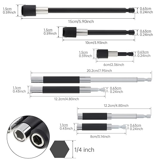 ChgImposs 5PCS Magnetic Drill Bit Extension Set ??60/100/150MM (2-3/8",4",6",) Fixed + 80/120MM(3.15"/4.72") Adjustable Magnetic Screwdriver Bit Holders, 1/4" Hex Quick Release Adapter