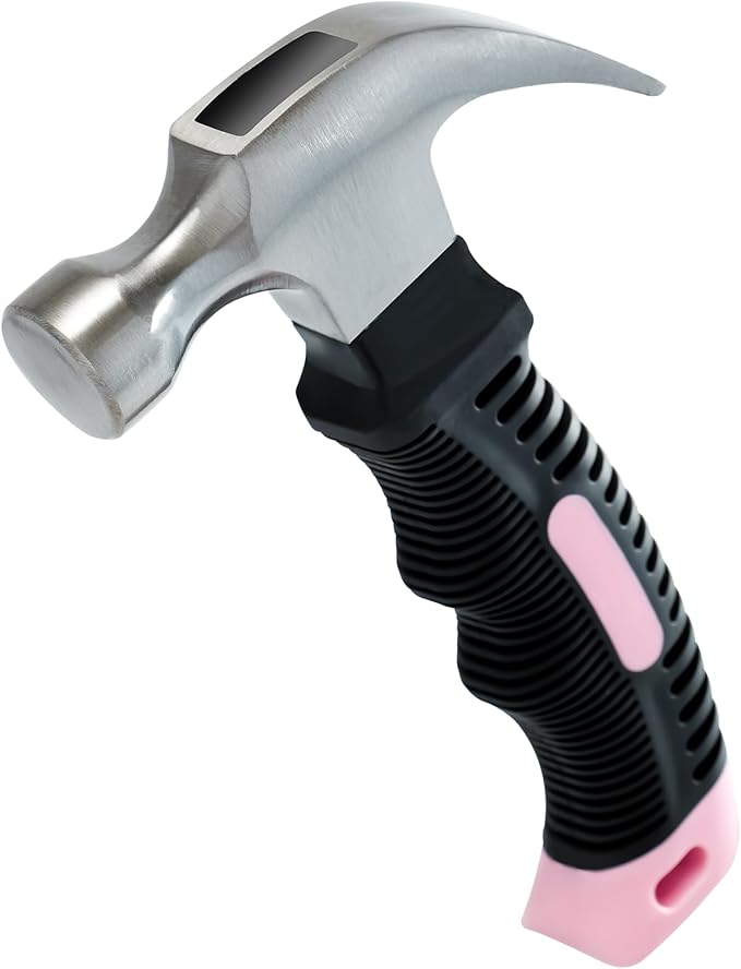 KURUI Pink Small Hammer for Picture Hanging Nails Drywall Anchors, Picture Hanging Tool, High Hardness 8oz Claw Hammer With Shock-Absorbing Non-Slip Handle for Kids and Women