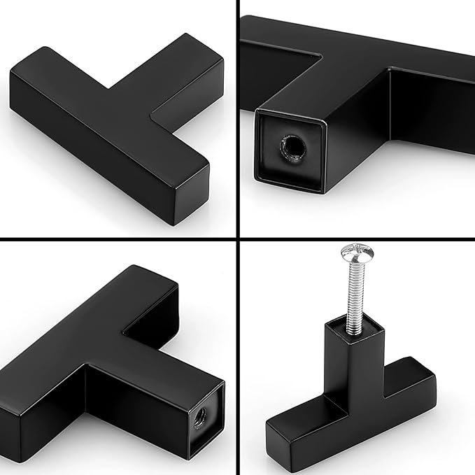 Probrico (5 Pack) Flat Black Square Cabinet Knobs Stainless Steel 2 Inch(50mm) Overall Length Drawer Pulls Single Hole T Bar Cabinet Pulls Kitchen Cabinet Hardware