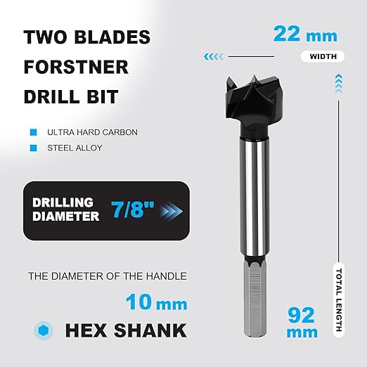 7/8 Inch Forstner Drill Bit Carbide Tipped,Woodworking Hinge Cutter for Precise Flat Bottom Holes in Hard Wood,Plywood,Plastic - Professional Grade