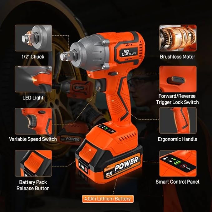 Cordless Impact Wrench, 1/2??Brushless Impact Gun, 369ft-lbs(500N.m), Power Impact Driver Kit with 4.0Ah Battery & Fast Charger, Electric Impact Driver Set for Car/DIY Furniture/Mower