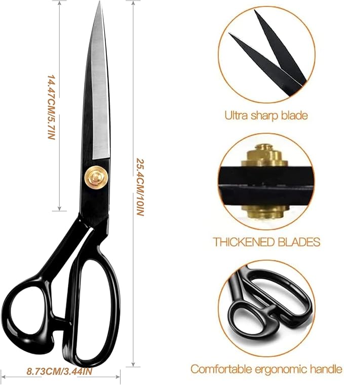 10-Inch Fabric Scissors - High Carbon Steel Sharp Tailor Scissors for Cutting Fabric, Clothes, Leather & Materials (Right-Handed, Black)