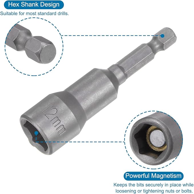 uxcell 12mm Magnetic Hex Socket 65mm/2.56", 1/4" Hex Shank Magnetic Power Nut Driver Set CR-V Quick-Release Extensions for Impact Drill Nut Setters Socket Wrench Screw, 2 Pcs