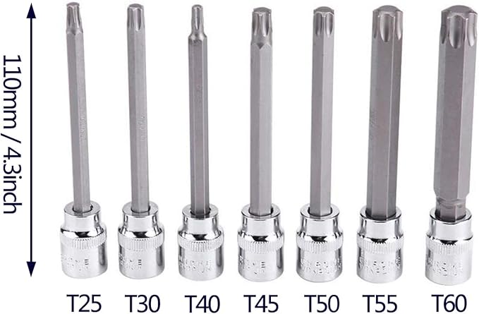 Extra Long Torx Star Bit Socket Set 7 Piece T25-T60 CR-V "3/8" Drive 110mm(Torx)
