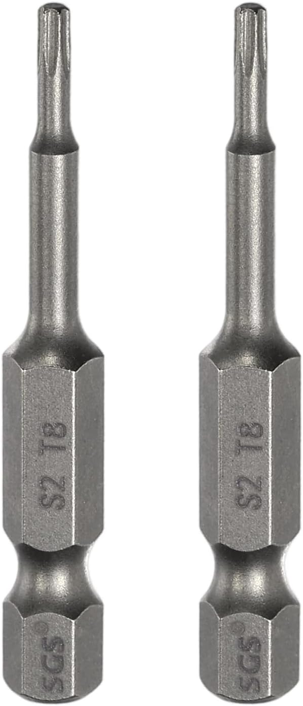 HARFINGTON 2pcs T8 Torx Head Screwdriver Bit 1/4" Hex Shank 2" (50mm) Long Magnetic No Hole Tip Tamper Proof 6 Point Star Screw Driver Drill Bits S2 Steel Industrial Power Screwdrivers