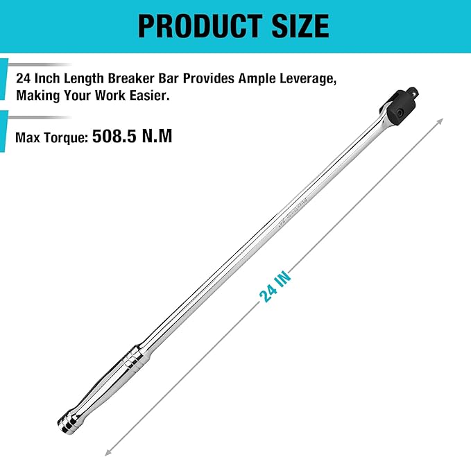 DURATECH Breaker Bar, 1/2'' Drive 24-Inch Breaker Bars Heavy Duty, with 240째 Flex Head, Spring-loaded Detent Ball, Premium Chrome Alloy Made