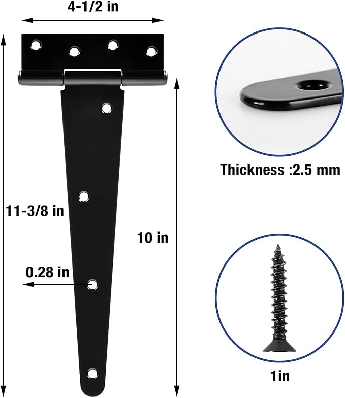 10 Inch Gate Door Hinges T-Strap Shed Hinge Heavy Duty 4 Pack Barn Farm Fence Tee Hinges for Doors Outdoor Kitchen Wood Cabinet Interior Exterior Window Bar Shop Matte Blake Door Hinge Hardware Kit