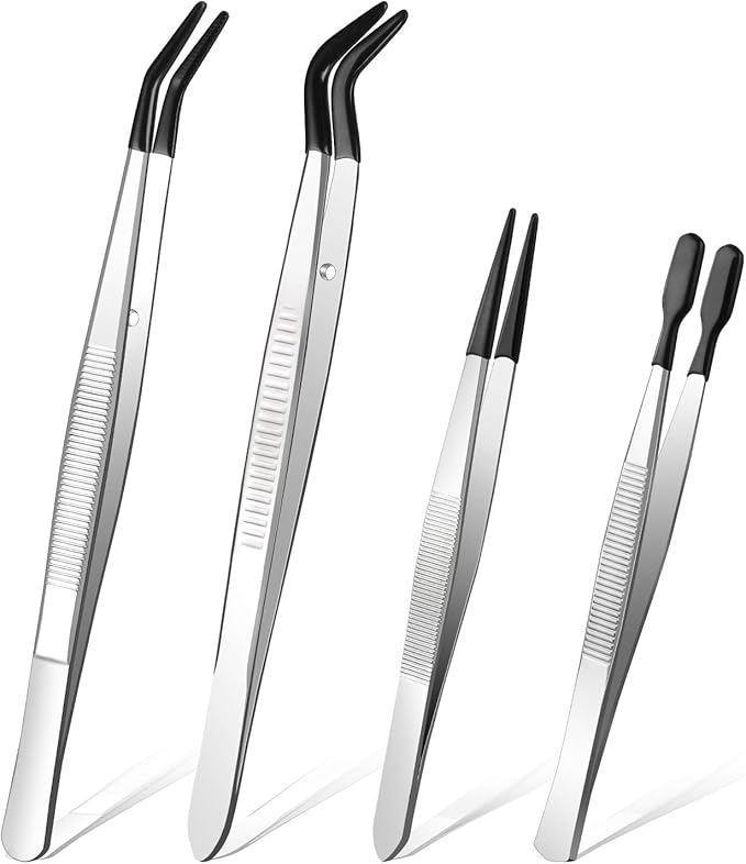 Ainiv 4pcs Tweezers with Rubber Tips, PVC Coated Tweezers Set, Rubber Straight/Flat/Long Curved Tips Non Marring Tweezers for Jewelry Crystals Bead, Crafts Making, Lab Stainless Steel Tweezer Tool