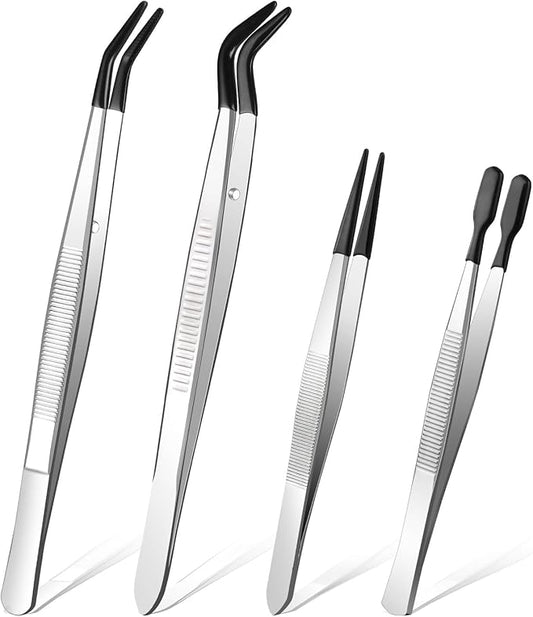 Ainiv 4pcs Tweezers with Rubber Tips, PVC Coated Tweezers Set, Rubber Straight/Flat/Long Curved Tips Non Marring Tweezers for Jewelry Crystals Bead, Crafts Making, Lab Stainless Steel Tweezer Tool