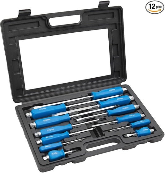 ROTATION 12PCS Magnetic Go-Thru Screwdriver Set, 6 Phillips and 6 Flat Head Tips Screwdriver for Fastening, Chiseling and Loosening Seized Screws, Multi-purpose Budget Set