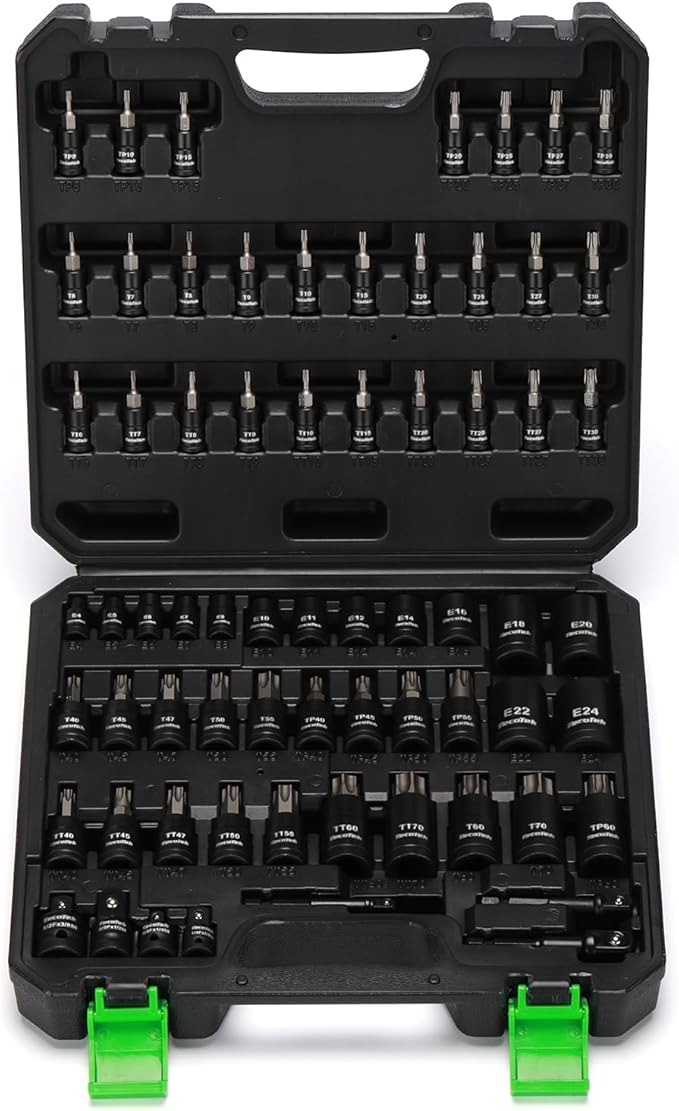 67-Piece Master Torx Bit Socket and External Torx Socket Set, 1/4", 3/8" and 1/2" Drive, S2 and Cr-V Steel, E4 - E24, T6 - T70, TT6 - TT70, TP8 - TP60, Includes 7PCS Socket Adapters