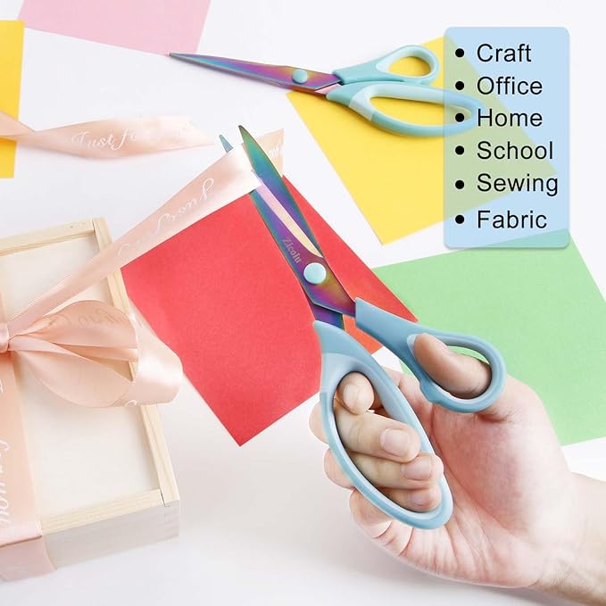 8.5" Scissors All Purpose, Multipurpose Office Scissors Set of 3 Pack, Titanium Coating Sharp Blade, Soft Comfort-Grip, Ideal for Fabric, School, Home, Craft & Sewing, Right/Left Handed, Blue