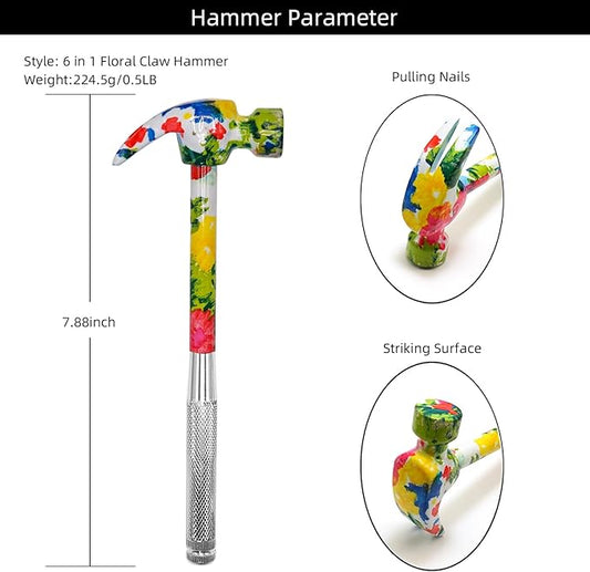 YOUMI 6 in 1 Floral hammer with screwdriver tool package, anti-corrosion and anti-rust hammer,including Phillips and flat screwdriver,the best gift for Christmas, Birthday, Valentine's Day (pink)