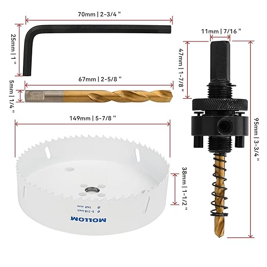 Mollom (149mm | 5-7/8") HSS M42 with 8% Cobalt BI-Metal Hole Saw with 2 Pilot Drill Bits & Arbor Smooth Cutting for PVC,Drywall,Wood,Plastic,Gypsum Board,Rubber