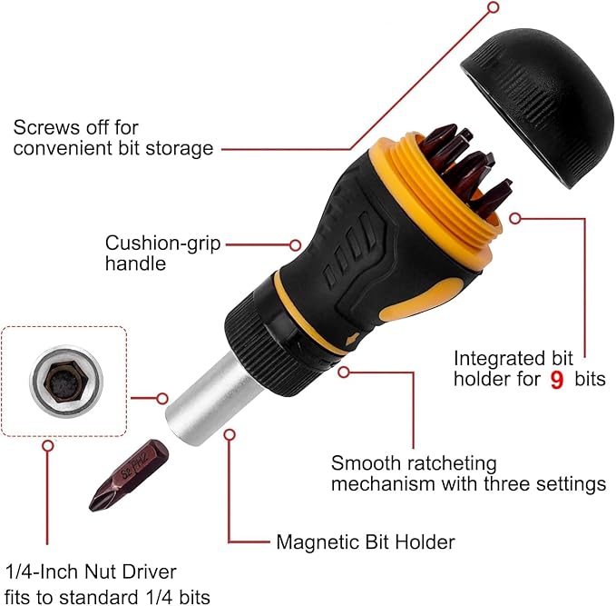 9 in 1 Stubby Ratcheting Screwdriver, Bestgle Mini Multi-Bit Magnetic Screwdriver Tool with Torx Security, Flat Head, Phillips and 1/4 Nut Driver