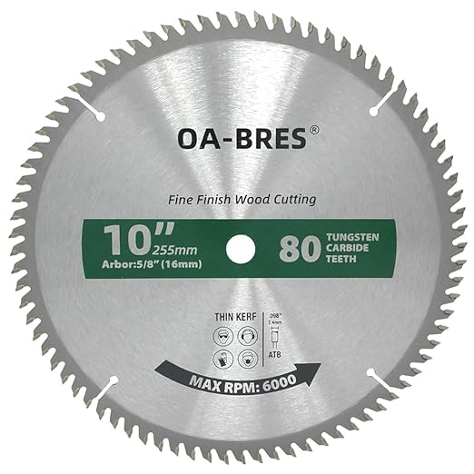 10-Inch Miter/Table Saw Blades, 80-Tooth ATB TCT Fine Finish Wood Cutting Circular Saw Blade with 5/8 Inch Arbor