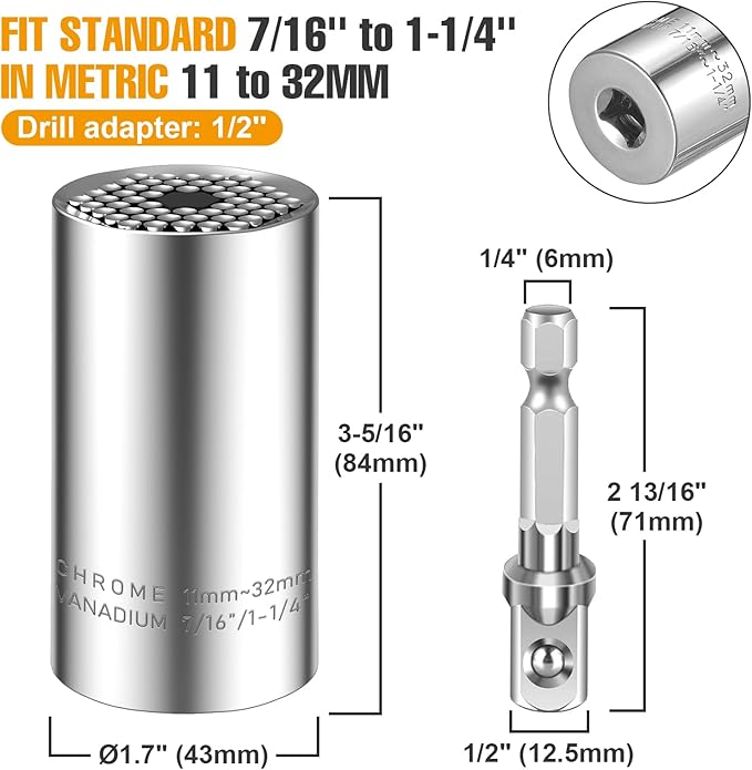 Spurtar Universal Socket Set(11-32mm 7-19mm) for Unscrew Any Bolt Multi-Function Universal Socket Tool with 3/8" 1/2" Power Drill Adapters Birthday Gift for Dad, Husband, Man, Handyman, Father Gadgets