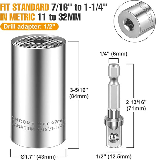 Spurtar Universal Socket Set(11-32mm 7-19mm) for Unscrew Any Bolt Multi-Function Universal Socket Tool with 3/8" 1/2" Power Drill Adapters Birthday Gift for Dad, Husband, Man, Handyman, Father Gadgets